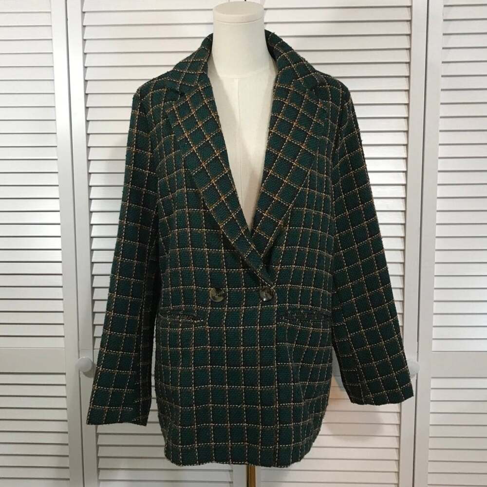Morgan Claire Plaid Blazer L Green Wool Blend Peacoat 70s Style Jacket